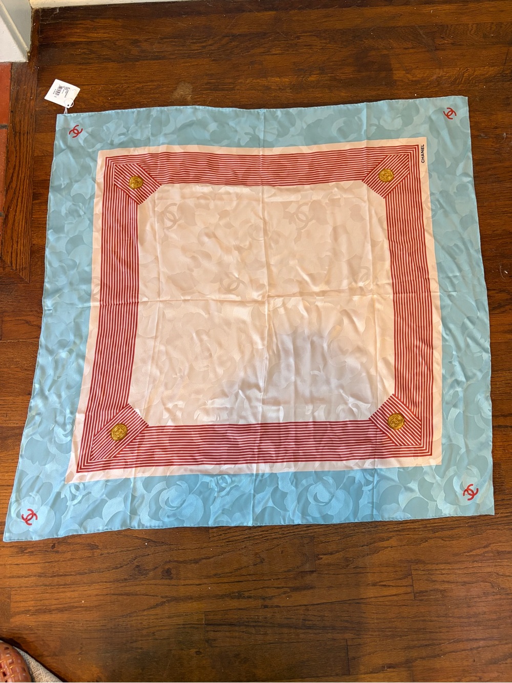 CHANEL 26C 90cm Square Scarf NWT – Light Pink, Red & Blue